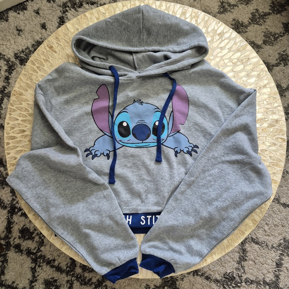 Disney Stitch Gray Croped Hoodie Size Large